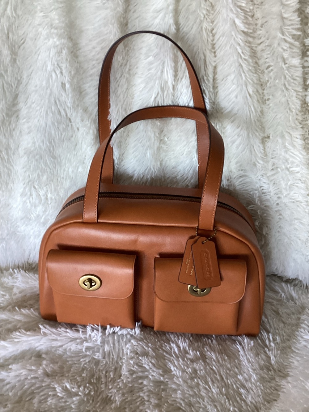 Coach Turnlock Toffee Leather Double Pocket Satchel